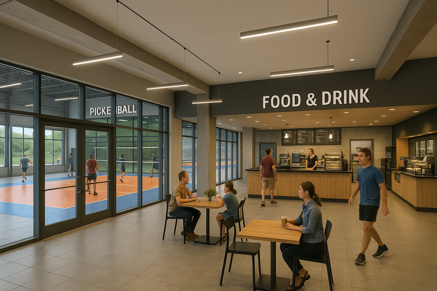 Rendering of food and beverage space adjacent to indoor pickleball courts