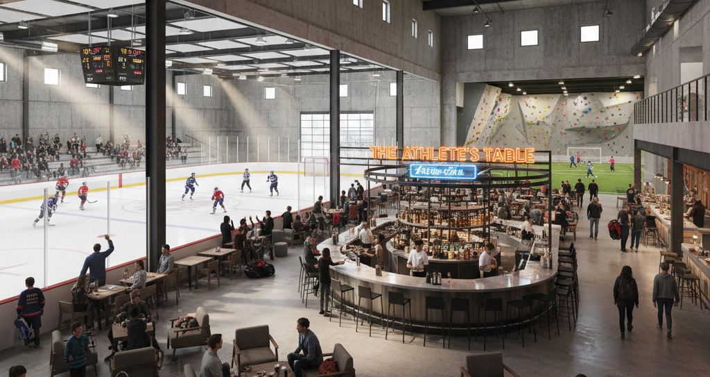 Rendering of Polk Athletic Complex with hockey rink, bar, and indoor turf field